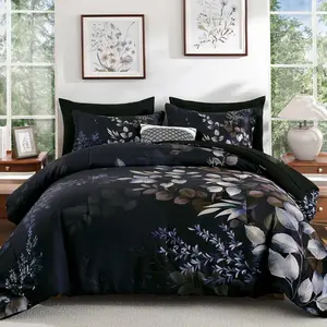 Black Comforter Set Queen Size 7 Pieces Bed in a Bag, Botanical Floral Print Bed Sets, Elegant Flower Comforter with Sheet Set, Soft Microfiber Bedding Set for All Season