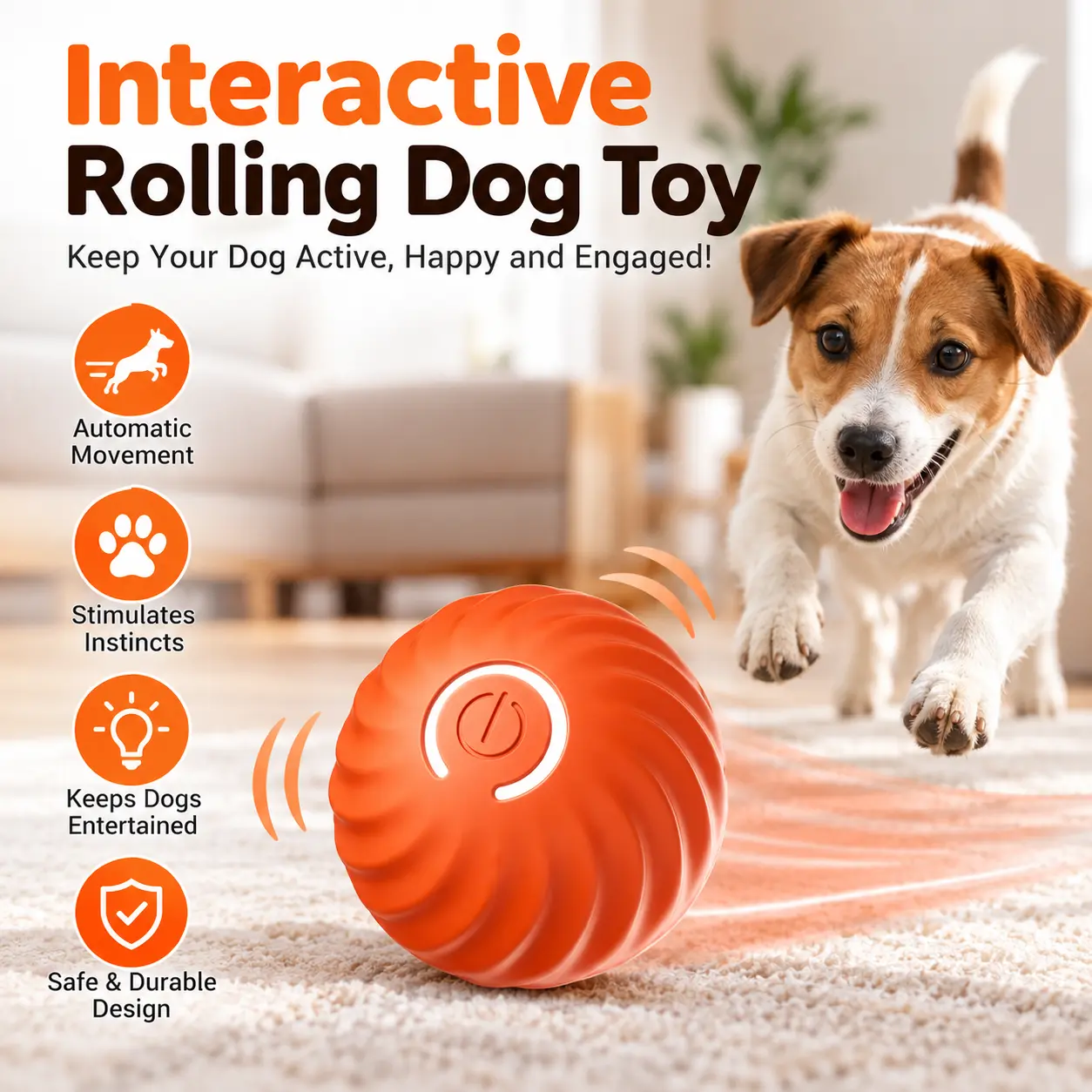 Interactive Dog Ball, 2.2-Inch Motion-Activated Automatic Rolling & Bouncing Ball, USB Rechargeable Durable Indoor & Outdoor Pet Toy for Dogs