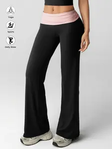 Women's Fashion Colorblock Vintage Flare Leg Pants, Slimming High Waist Yoga Trousers, Casual Outdoor Everyday Elastic Long Pants, Bottoms