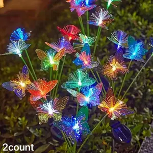 2 Pack 6 LED Butterfly Solar Lights, Fiber Optic Waterproof Outdoor Garden Lanterns, Energy-Efficient Landscaping Decorations