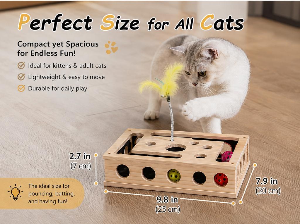 Cat Toys for Indoor Cats - Interactive Box Puzzle Toy Nail File Scratcher Hunting Play Toy with 3 Jingle Balls & 1 Feather Wand, Wooden Puzzle Treat Toy Box Energize Cat Instincts for Bored Cats Cat Toys for Indoor Cats - Interactive Box Puzzle Toy Nail File Scratcher Hunting Play Toy with 3 Jingle Balls & 1 Feather Wand, Wooden Puzzle Treat Toy Box Energize Cat Instincts for Bored Cats