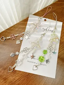 Cute Phone Charms Trendy Jellyfish Four-leaf Clover Mobile Phone Chain Lanyard Phone Strap Holder Keychain Bag Decoration Pendant Card Book Chain Phone Accessory