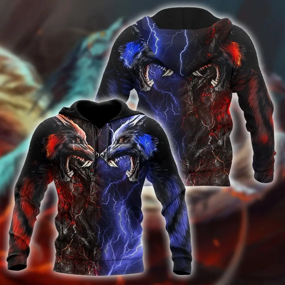 Men's 3D Wolf Print Polyester Long Sleeve Hooded Sweatshirt - Fashion Blue and Red Menswear Top for Men, Tops, Digital Print, Name Custom, 3D Digital
