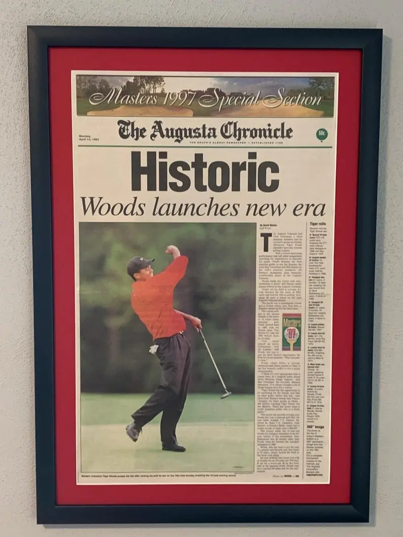 1997 Masters Golf Championship Tiger Woods The Augusta Chronicle Newspaper Paper Print Poster, Borderless, Unframed, Room Wall Decor, Shipped in a Shipping Tube