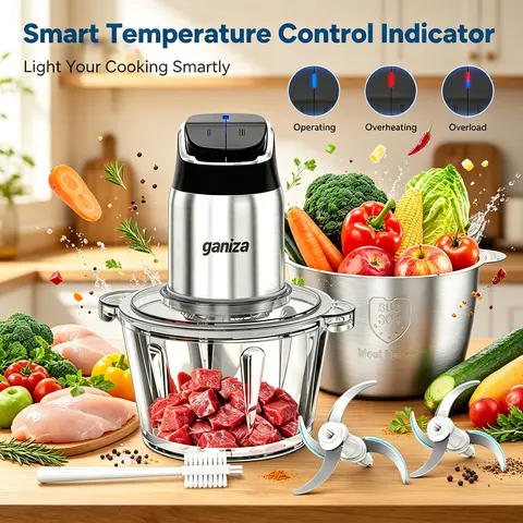 Ganiza Food Processors with 2 Bowls, 450W Meat Grinder Vegetable Chopper, Smart Overheat Protection Light, 2-Speed Electric Food Chopper with 8 Cup Glass & 8 Cup Stainless Steel Bowls -Includes 2 Sets of Blades for Fruits/Meat/Nuts