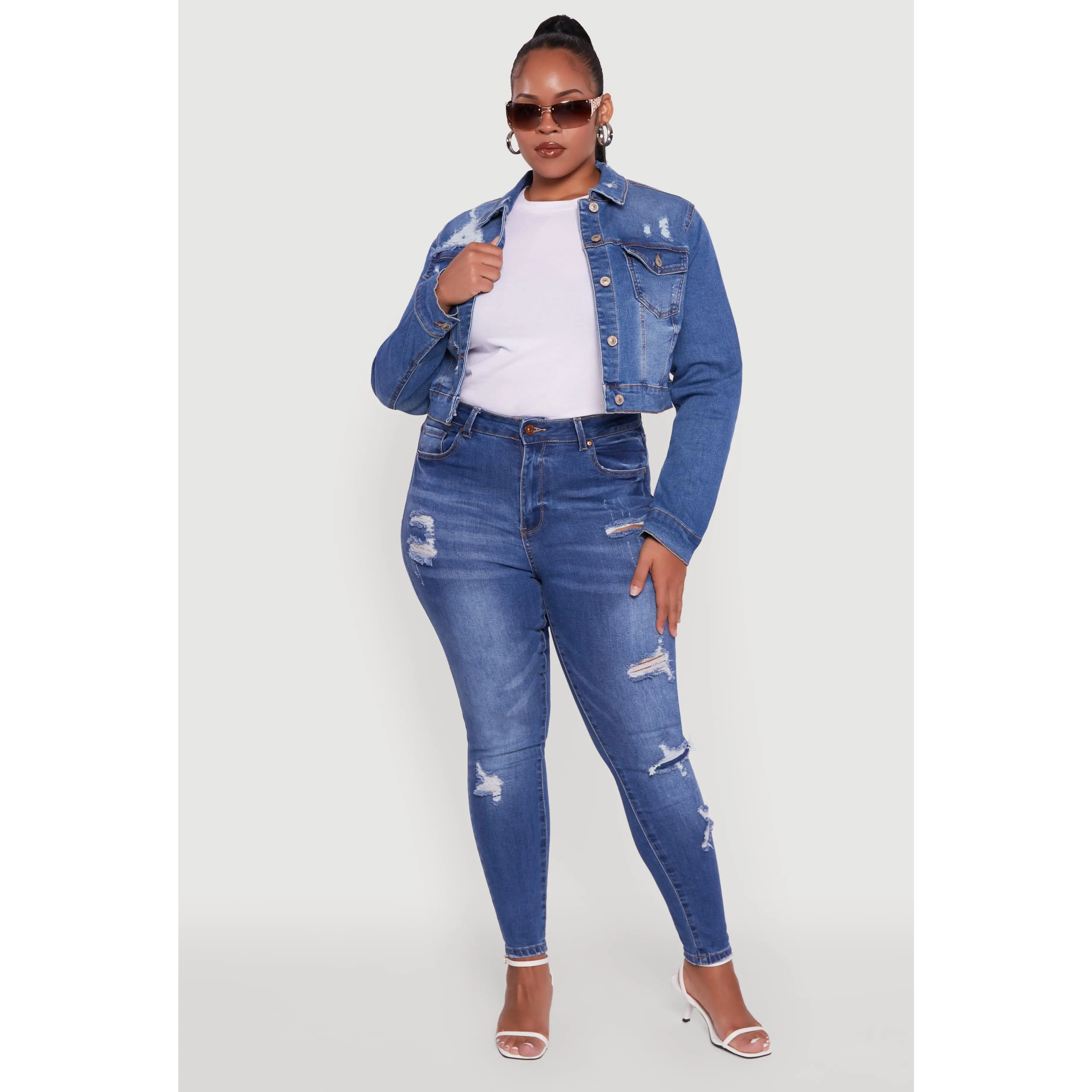 Plus Size Cropped Distressed Button Front Jean Jacket