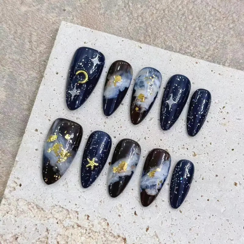 Women's Handmade Almond Press On Nails, Glitter Gradient Star-Design Nail Art Decoration & Accessories, 10pcs Set, Handmade Press On Nails