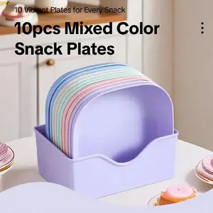 10-Piece Square Dinnerware Set, Serving Plates with Stand, Tea Cups, Trays, Fruit Dishes, Snack Bowls, Salad Plates, Dip Bowls, Plastic Dinnerware Sets