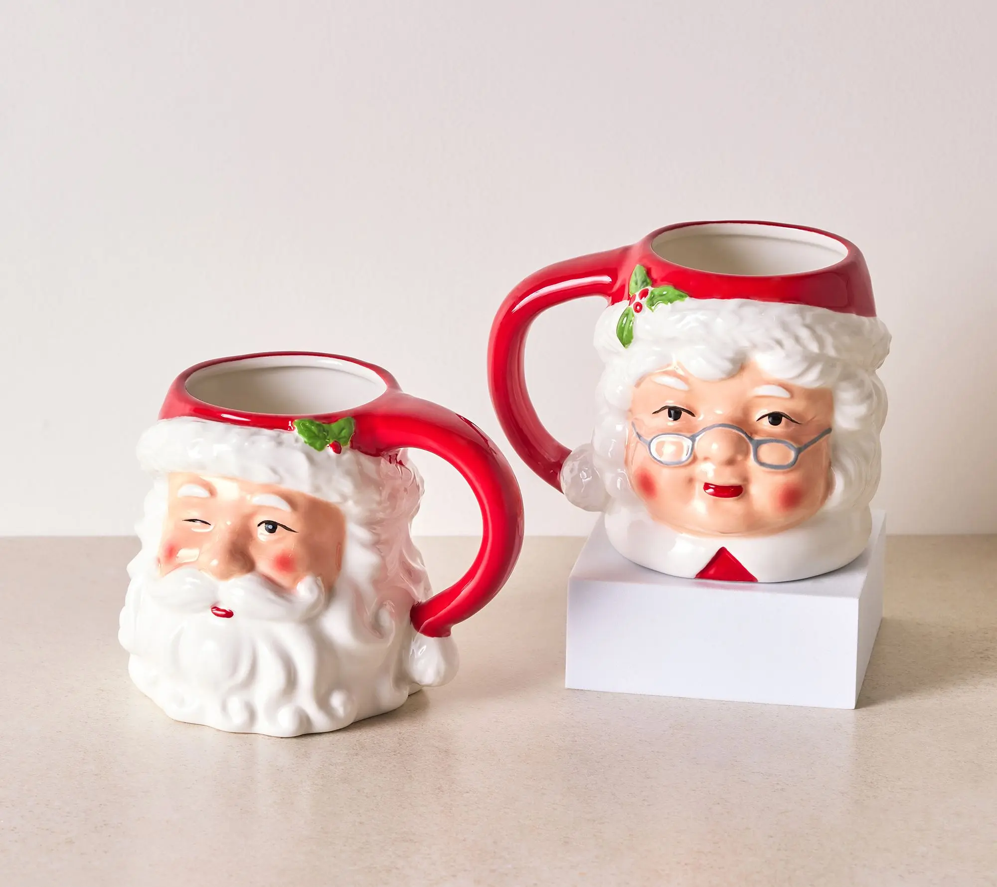 Presley Pierce S/2 Stoneware Santa and Mrs.Claus Mugs