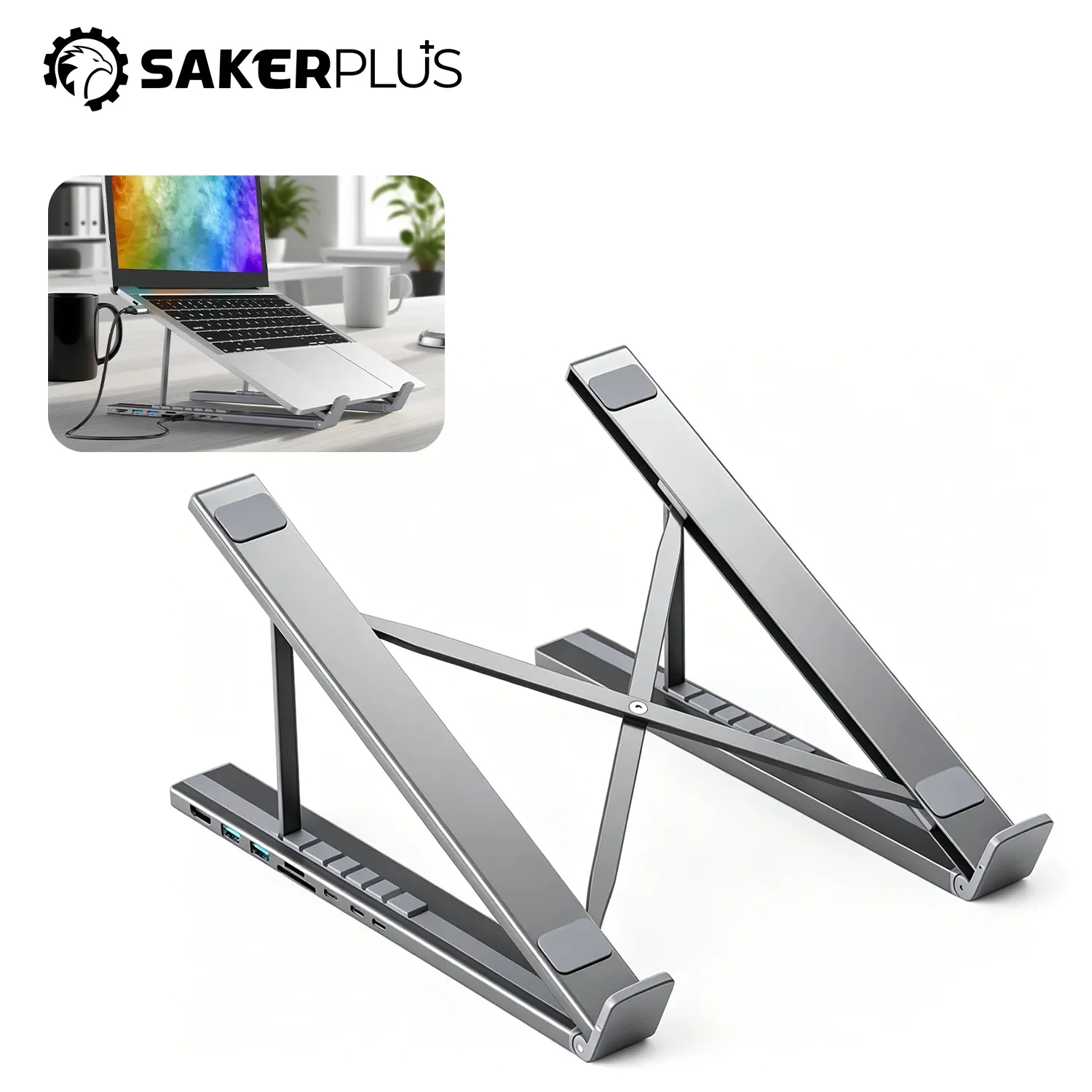 Sakerplus 8-in-1 Laptop Docking Station with Ergonomic Stand, Foldable Aluminum USB C Hub with 4K HDMI,USB 3.0,SD and TF for Full-Function USB C Laptops