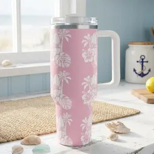 40oz Insulated Tumbler with Handle | Tropical Beach Gift for Her | Pink Hawaiian Travel Cup Women - ytk10120 Drinkware Flasks