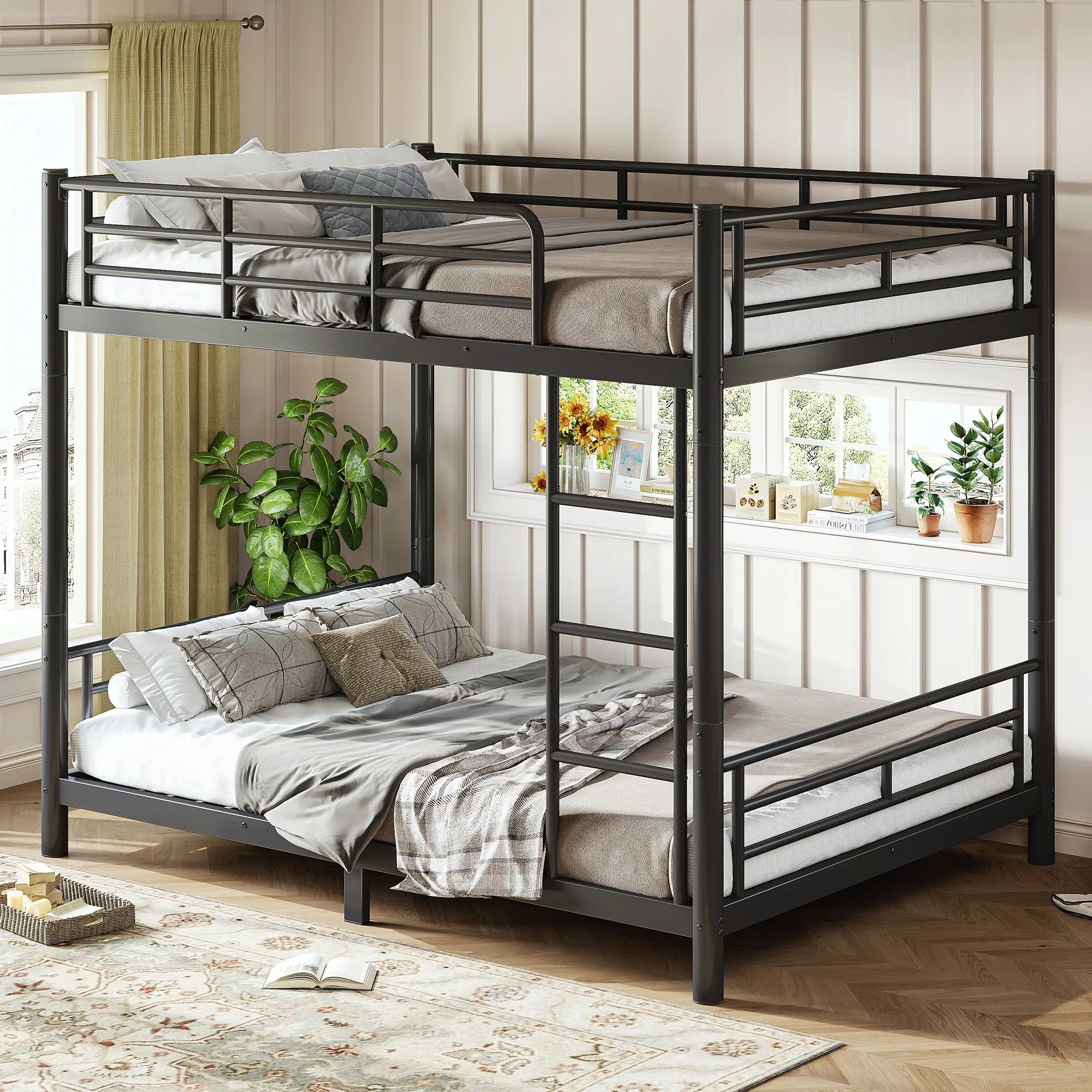 Full-over-Full Size Metal Bunk Bed for Teens & Adults, Convertible to 2 Beds, Space-Saving Round Tube Frame, Noise-Reduced, No Box Spring Needed, Sturdy Black Frame with Guardrails