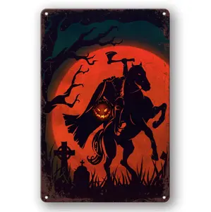 1pc Vintage Metal Tin Sign - Headless Horseman Halloween Wall Decor with Jack-O-Lantern & Graveyard Scene, 12"x8" Rustic Metal Art for Home, Bar, Cafe, Beer Club - Spooky Holiday Gift, Halloween Home Decor, Bar Decoration, Durable