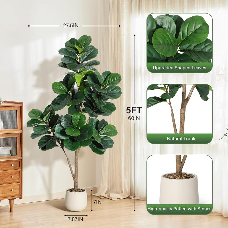 【Christmas Gift】5FT Fiddle Leaf Fig Tree Artificial with 77 Leaves Realistic Faux Ficus Lyrata Trees in 7.8 inch White Planter Pot Indoor Fake Floor Plants for Home Office Living Room Decor Housewarming Gift Decorative Fruit Wood Hand