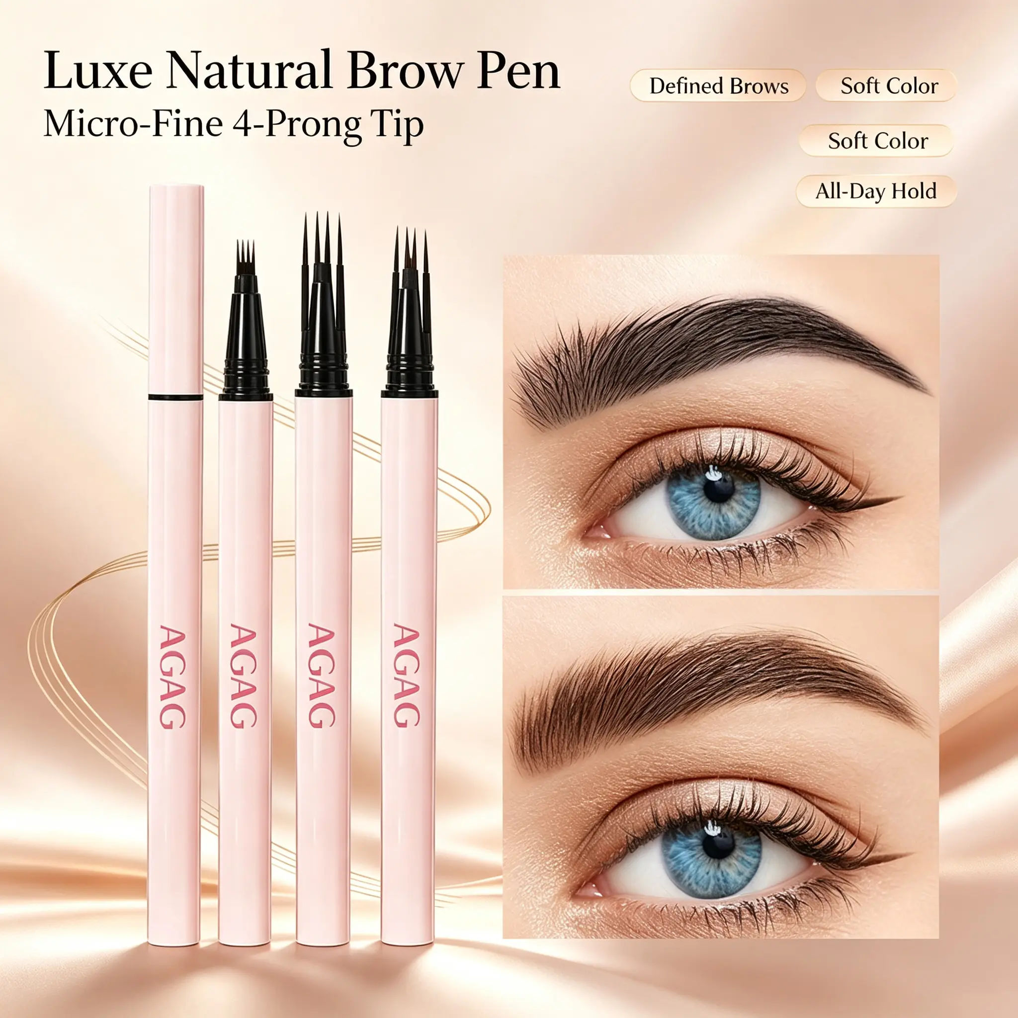 AGAG Waterproof Microblading Eyebrow Pen, 4 Point Fine Tip Brow Pencil with Ultra Precise Hair Stroke Design, Quick Dry Long Lasting Formula, Transfer Resistant Makeup Tool for Natural Soft Glam Brows