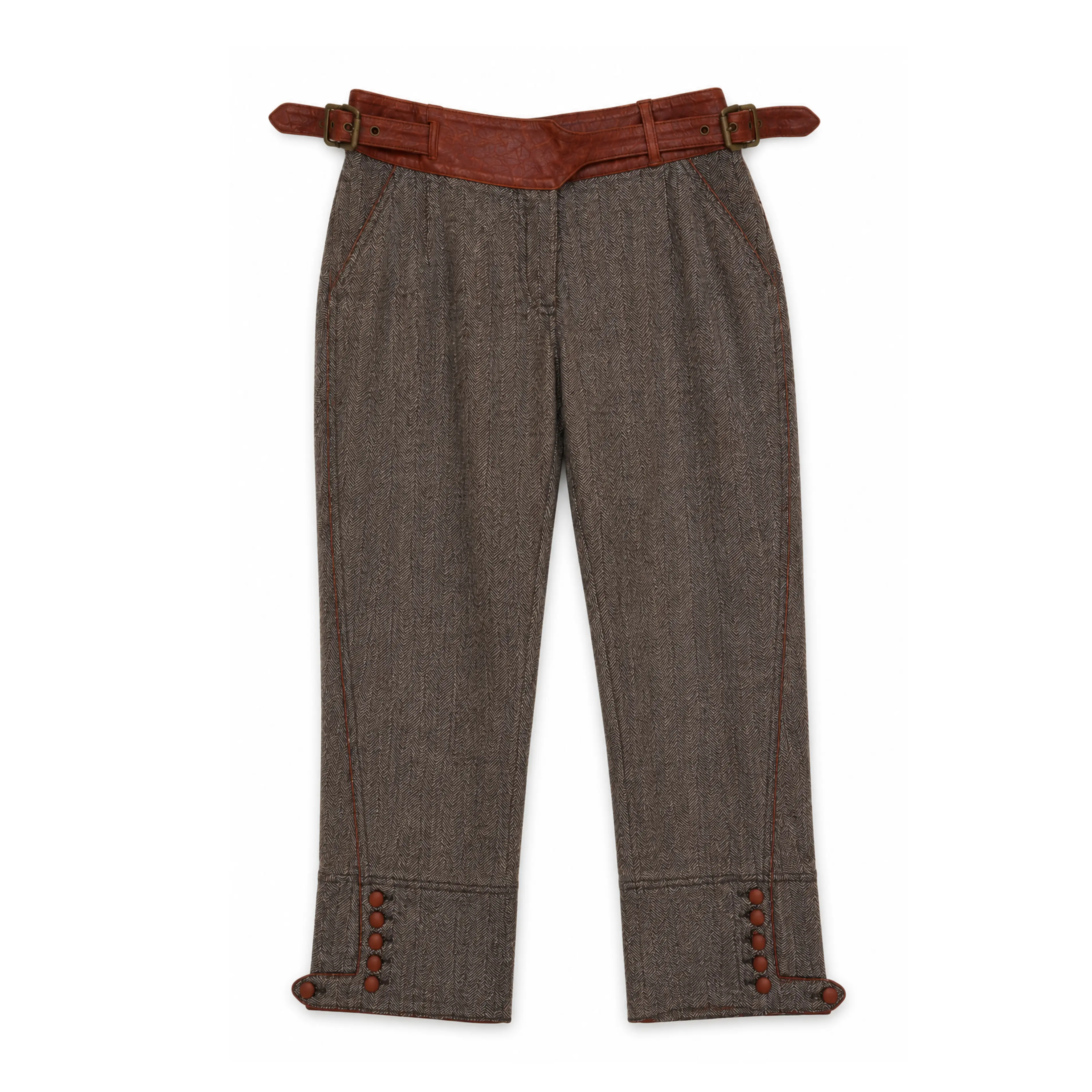 Roberto Cavalli Brown Leather Belted Herringbone Riding Trousers