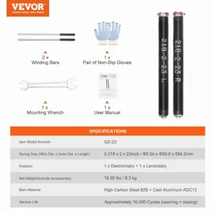 VEVOR Garage Door Torsion Springs, Pair of 0.218x 2x 23inch, Garage Door Springs with Non-Slip Winding Bars, 16000 Cycles, Gloves and Mounting Wrench, Electrophoresis Coated for Replacement