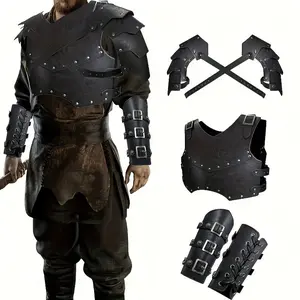5pcs Medieval Warrior Costume Set, Adjustable PU Leather Armor, Shoulder Pads, Wrist Guards, Vintage Design, Cosplay, Party, Club