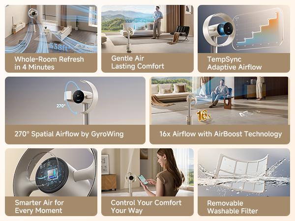 DREAME MF10 Bladeless Tower Fan for Bedroom, Smart Standing Fan with 270° Spatial Airflow for Whole-Room Circulation, 59ft/s High Velocity, 10 Speeds 3 Modes, Temperature-Adaptive Airflow, MF10-Beige