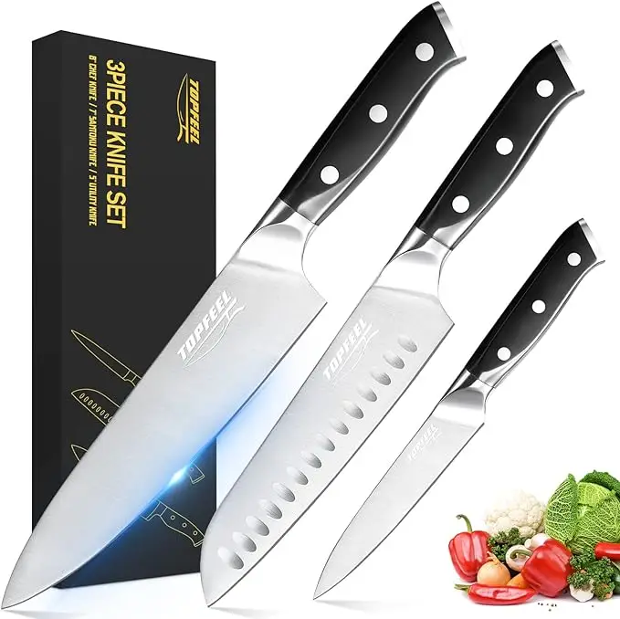 Professional Chef Knife Set Sharp Knife, German High Carbon Stainless Steel Kitchen Knife Set 3 PCS-8" Chefs Knife &7" Santoku Knife&5" Utility Knife,