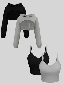 Women's Solid Ribbed Hooded Crop Hoodie & Camisole Top Set, Casual Long Sleeve Hooded Top & Sleeveless Top for Daily Wear, Ladies Clothes for All Seasons