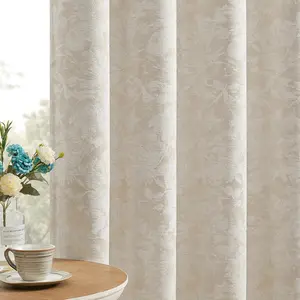 Beige Floral Jacquard Blackout Curtains 84 Inches Long 2 Panels for Bedroom Living Room Taupe Flower Chenille Room Darkening Thermal Insulated Soundproof Grommet Window Treatments Drapes 52x84
