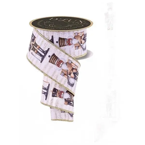 2.5" x 10yd Nutcracker Fused Ribbon in White, Black, Gold, & Brown