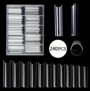 240pcs C Curve Square Shape Transparent Glossy Middle Length Pure Color False Nails, Coffin Tips, Half Cover Acrylic, with Box, for Manicure