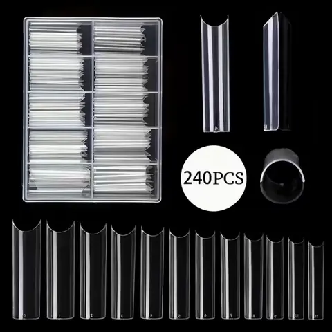 240pcs C Curve Square Shape Transparent Glossy Middle Length Pure Color False Nails, Coffin Tips, Half Cover Acrylic, with Box, for Manicure