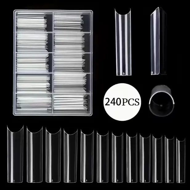 240pcs C Curve Square Shape Transparent Glossy Middle Length Pure Color False Nails, Coffin Tips, Half Cover Acrylic, with Box, for Manicure