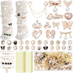 80pcs Junk Socks Charms Kit, Gold Brooches and Pins for Women,Pearl and Rhinestone Shoe Charms with Safety Pins for Hat Clothes Bags