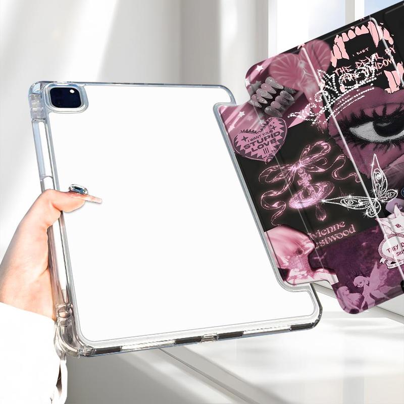 Y2K Pink Gothic Collage Folding Stand Case, Transparent Acrylic Hard Back, Pencil Slot & Charger Slot, Scratch-Resistant Slim Protective Cover for iPad 10.2 2019/2020/2021, Mini, Pro, Air Scratch-resistant ultra-thin protective case, Tablet Casing