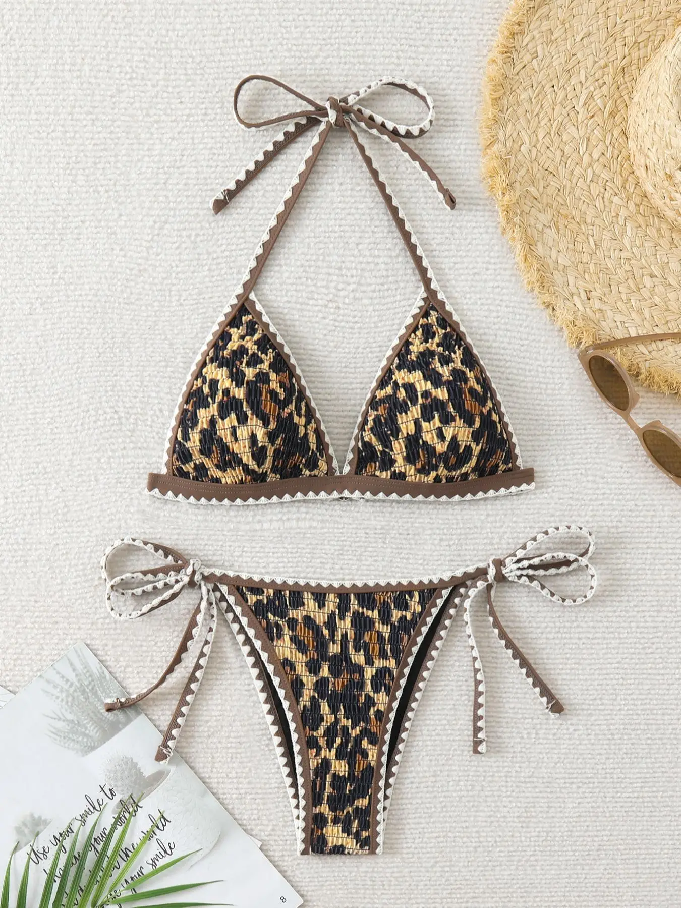 Two-piece Set Women's Leopard Print Contrast Binding Bikini Set, Sexy Halter Triangle Swim Bra & Tie Side Swim Panty, Ladies Swimsuit for Beach Holida