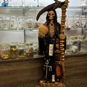 Black Santa Muerte Statue with Intricate Gold Accents and Detailed Skeleton Design for Collectors