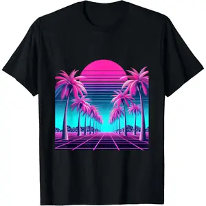 Retro 80s Vaporwave Aesthetic Palm Trees Sunset 90s Art T-Shirt