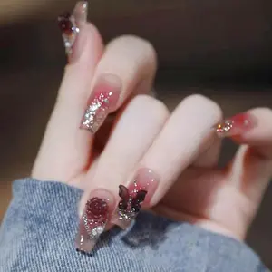 Bling Coffin Press on Nails Fake Nails Tips Full Cover Medium False Gradient Nails for Women and Girls 24PCS (Red Coffin)