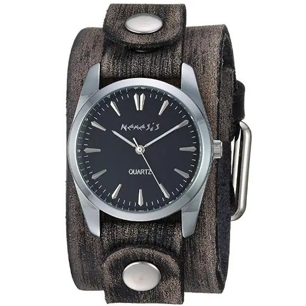 Gala Ladies Black Watch with Distressed Dark Brown Leather Cuff