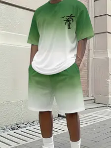 Men's Casual Gradient Set, 2-Piece Green Ombre T-Shirt & Elastic Waist Shorts, Polyester Quick Dry Outfit for Summer, Stylish Loungewear for Men, Great for Beach, Travel & Outdoor Activities