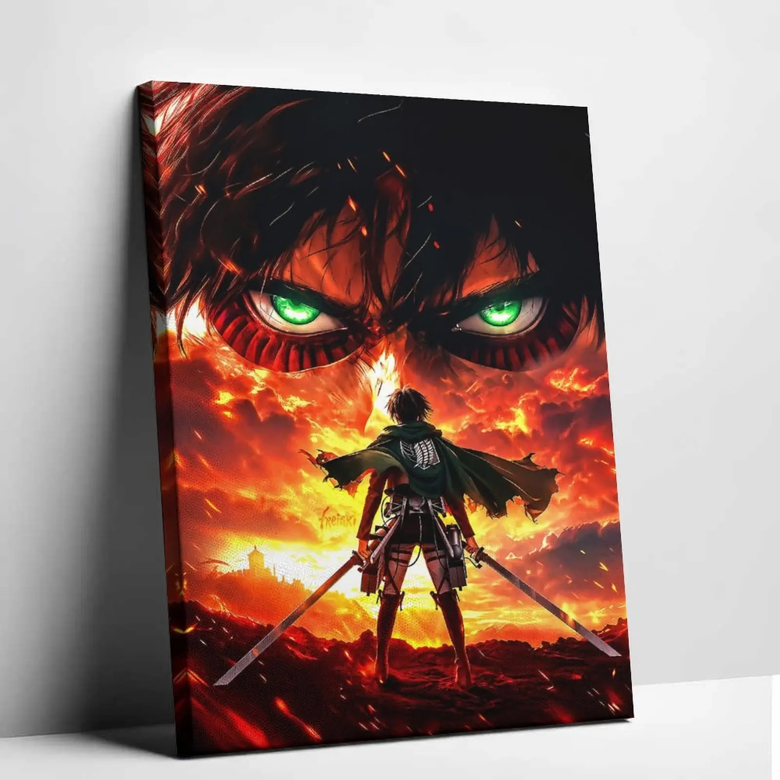 Attack on Titan Giant Anime Decor Premium Canvas Print - Eren Yeager Scouting Regiment Graphic Wall Art, Burning Fire Sky Modern Aesthetic, High-Quality Dark Manga Decorative Printing for Bedroom Office, Fiery