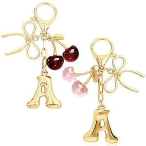 Bubble 26 Letter Keychain Bowknot Cherry Keychain Bag Pendant Gold Plated Alphabet Charm