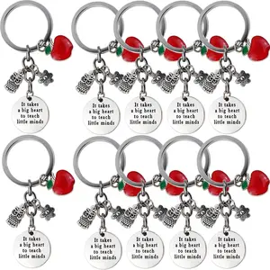 GXXMEI 10PCS Teacher Appreciation Gift Keychains - Round Shape Pendant Key Chain, Graduation, Back to School, Christmas, Thank You Gift for Teacher in Bulk, Silver and Red
