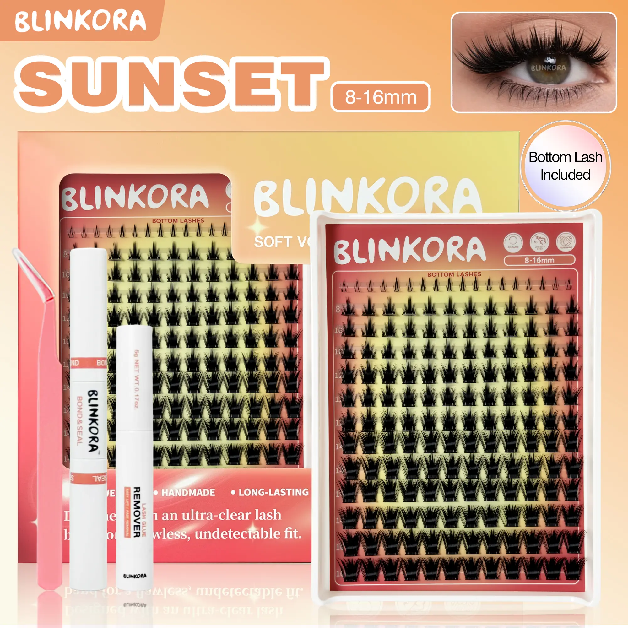 Blinkora Sunset DIY Volume Eyelash Extension Kit with Natural Lash Clusters, Waterproof & Long-Lasting Soft Wispy Lashes 8-16mm, Includes Glue, Remover & Applicator, Cosmetic, Diy Volume Eyelashes
