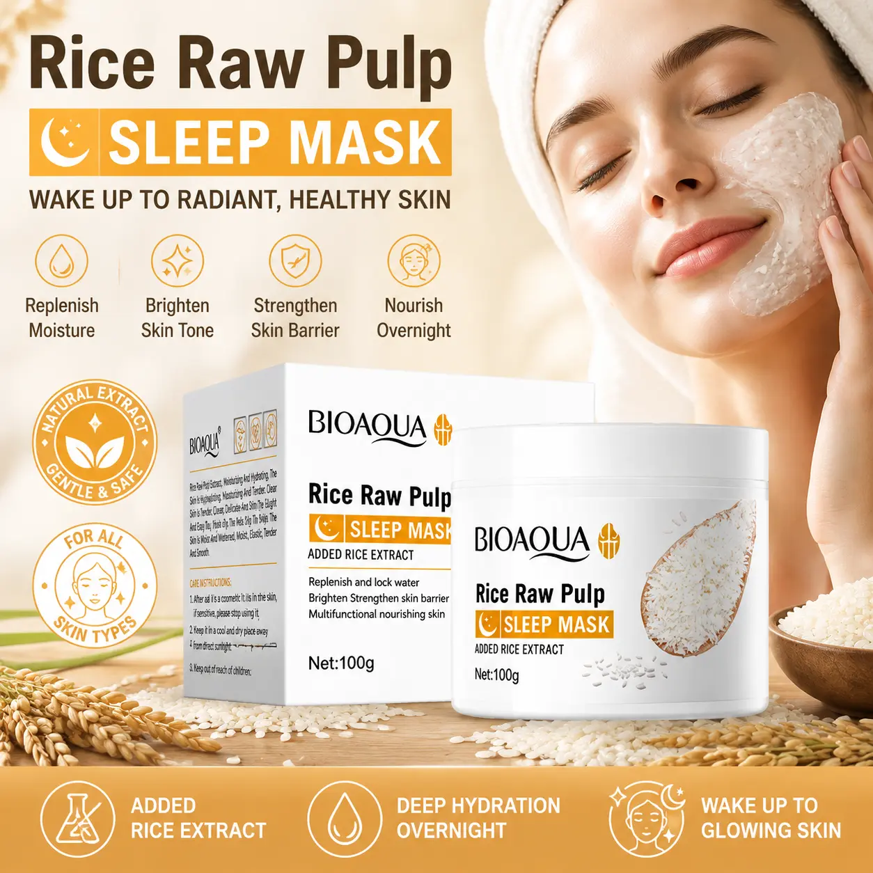 Rice Raw Pulp Overnight Sleep Face Mask with Rice Extract - Brightening, Hydrating, Nourishing Moisturizer for Dry Complexion, Barrier Repair for Night Routine Glowing Skin, Skin Repair