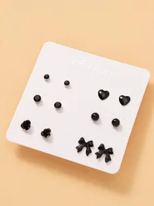 6 Pairs Bow & Heart Design Stud Earrings, Fashionable Earrings For Women, Daily Use, Valentine's Day, Gift