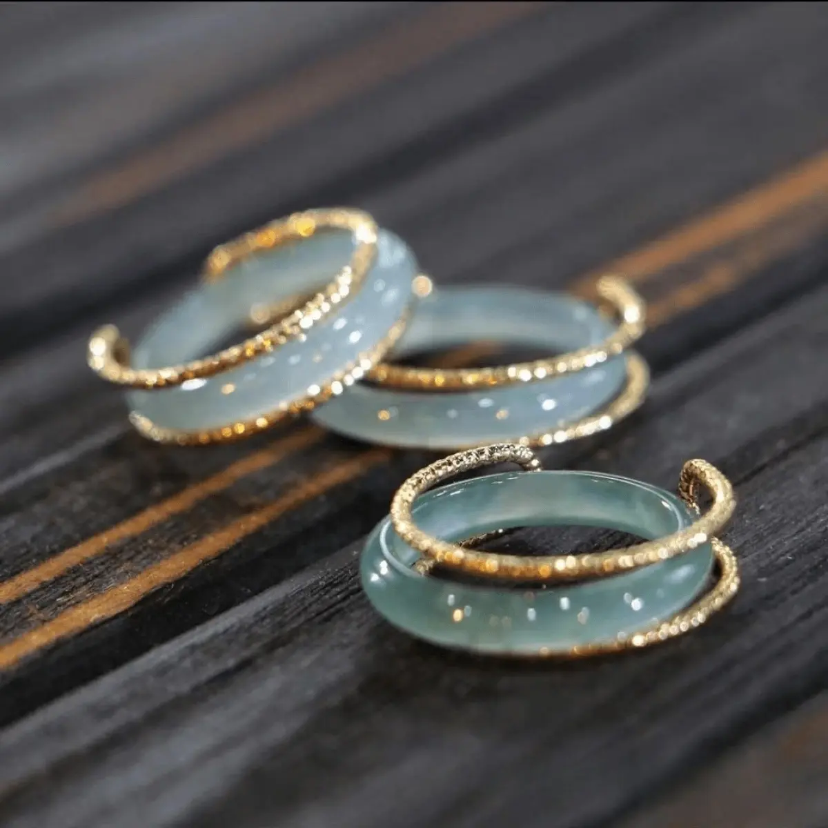 New jade inlay ring, natural blue water high ice men's jade ring, tail ring