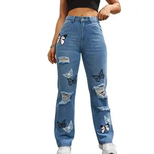 LOTUCY Women's High Waist Butterfly Print Ripped Jeans Baggy Straight Leg Denim Pants for Teen Girls Casual Aesthetic Clothes