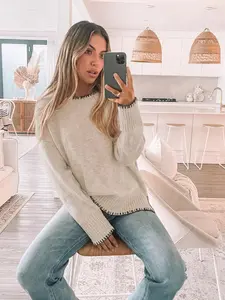 Women's Contrast Binding Split Hem Drop Shoulder Sweater Pullover, Casual Basic Long Sleeve Round Neck Jumper for Fall & Winter, Fashion Ladies' Knitwear for Daily Wear, Womenswear