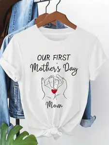 "Our First Mother'S Day" Our First Mother'S Day Footprint Mom Pattern Printed T-Shirt For Women, Short-Sleeved, Round Neck, Casual T-Shirt For Daily Wear, Holiday Gift, Perfect For Shopping And Outings