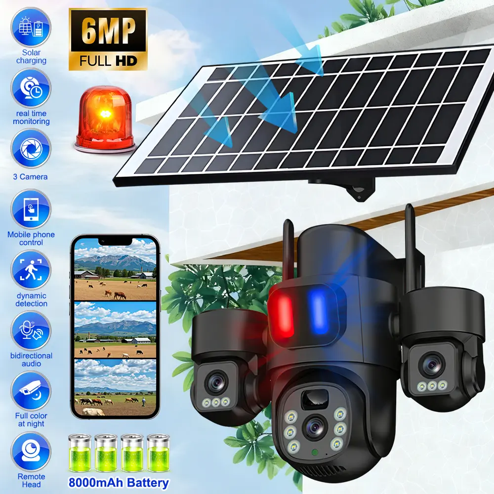【DealsForYouDays】KEPEAK Outdoor Wireless Security Camera, 4K 9MP Triple‑Lens, 360°PTZ, WiFi Solar Battery Powered, Red‑Blue Dual‑Color Deterrent Alarm, for Home Yard Garage Surveillance,