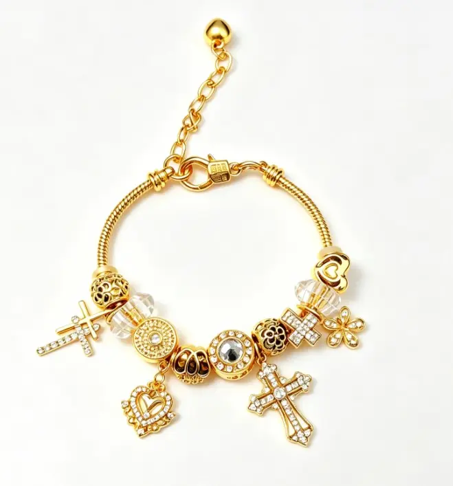 Gold Plated Adjustable Snake Chain Charm Bracelet, Cross Heart Flower Crystal Beaded Bracelet, Vintage Fashion Jewelry Gift for Women Girls